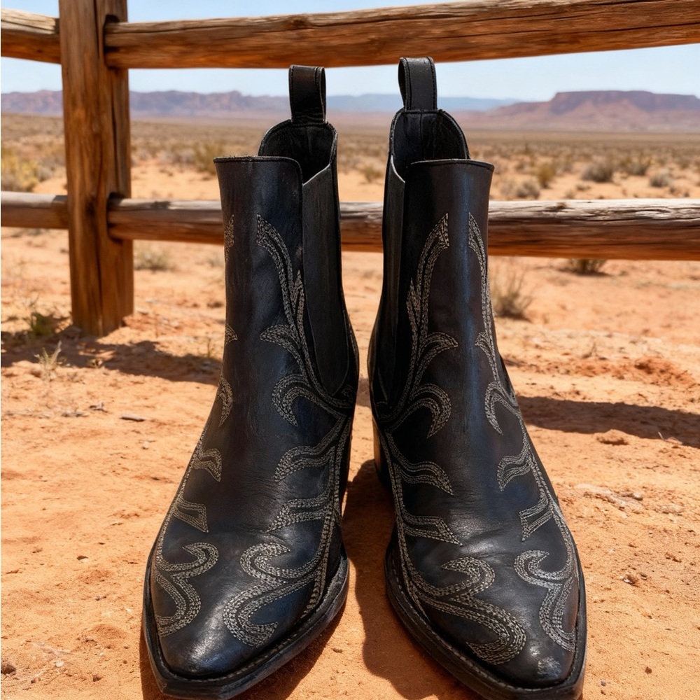 Free People Black Ankle Boots with Silver Embroidery